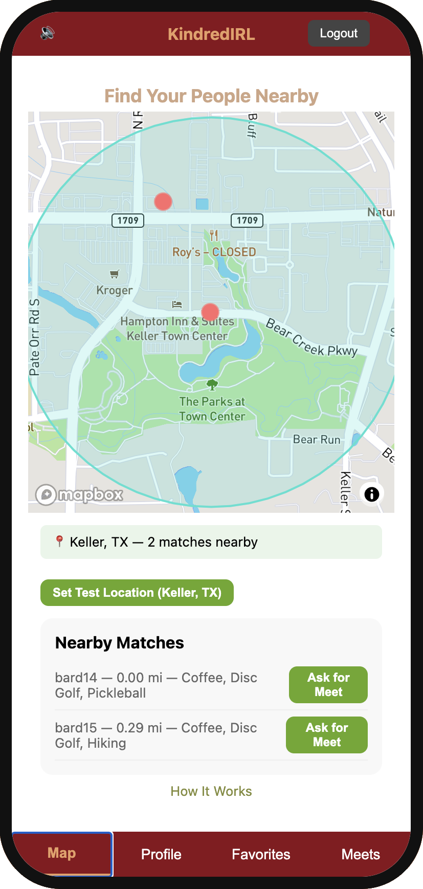 KindredIRL map screen
